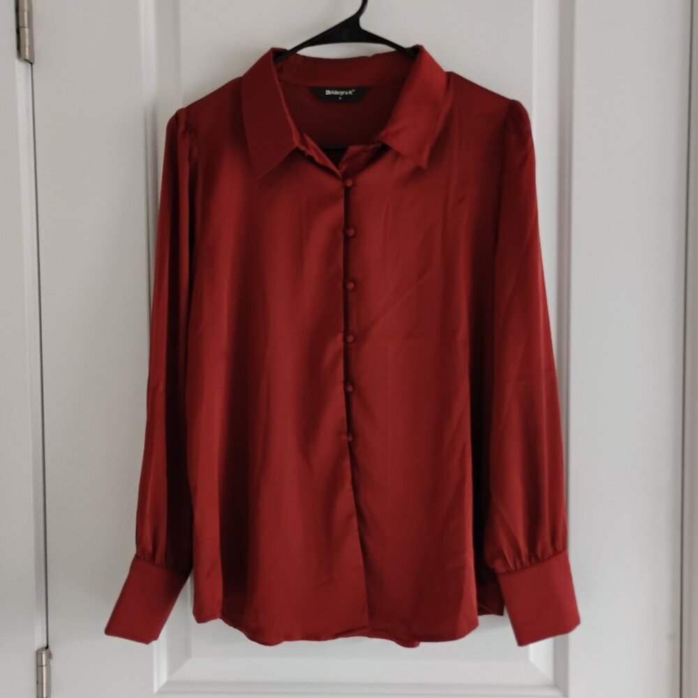 LIKE NEW Allegra K Women's Silk Long Sleeve Blouse Burnt Orange Size S